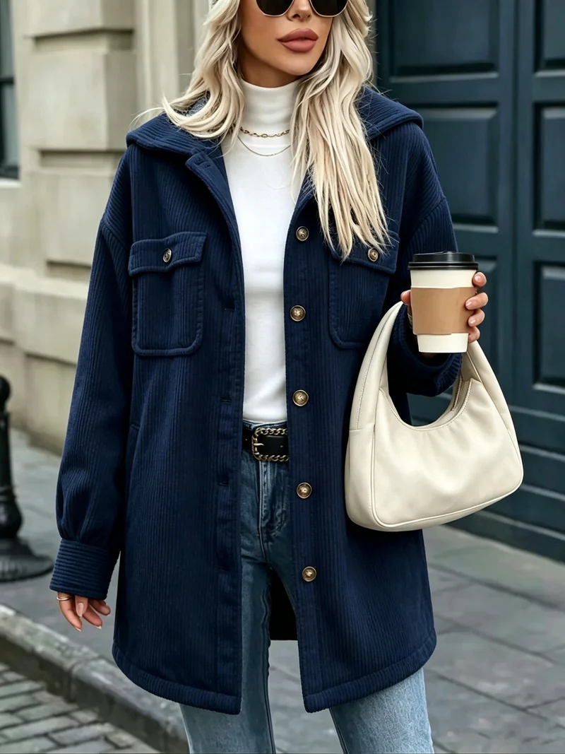 Damen Cordjacke mit Kapuze, oversized und aufgesetzten Taschen Nord Taschen