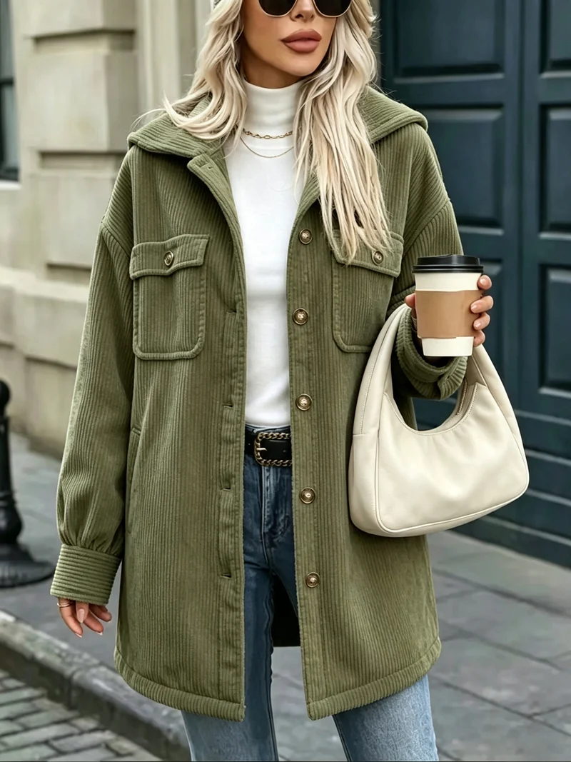 Damen Cordjacke mit Kapuze, oversized und aufgesetzten Taschen Nord Taschen