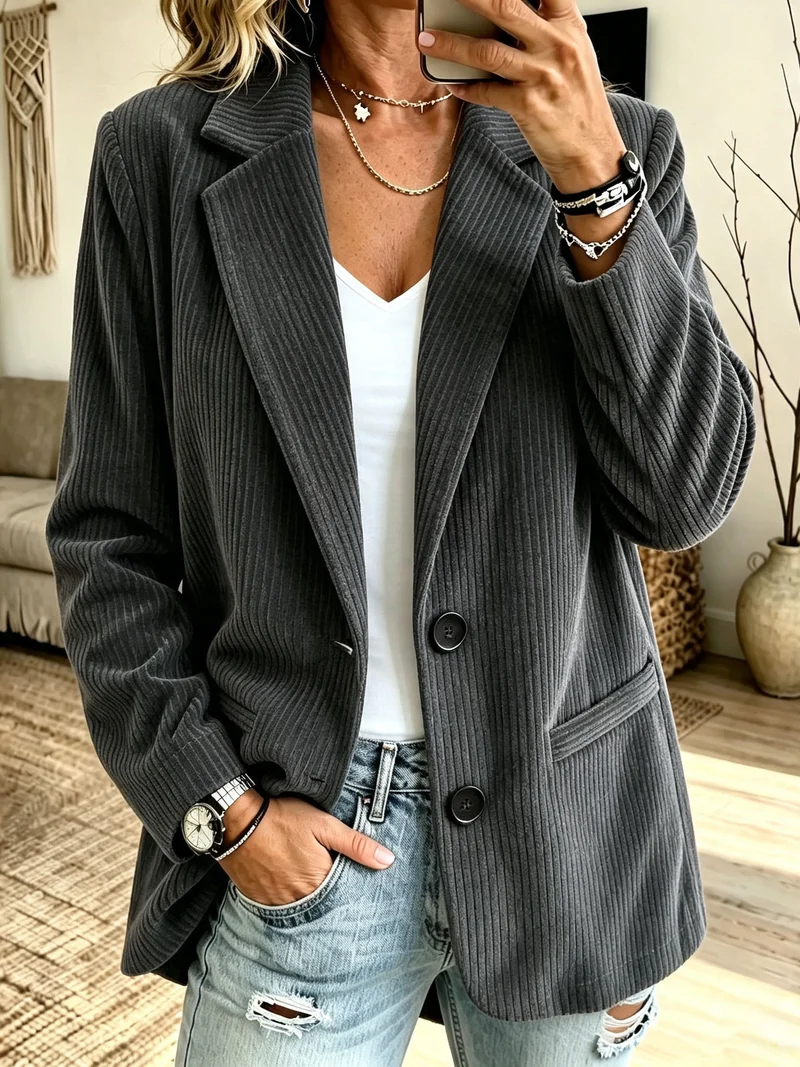 Damen Cordblazer mit Nadelstreifen-Optik und Oversize-Schnitt Nord Taschen