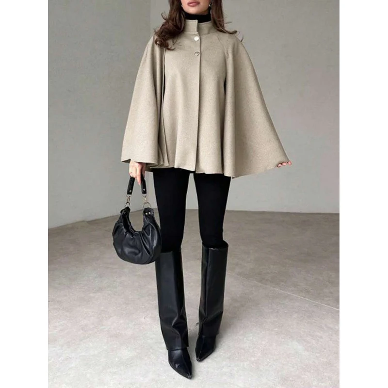 Damen Cape-Mantel mit Stehkragen, fließender A-Linie und verdeckter Knopfleiste Nord Taschen
