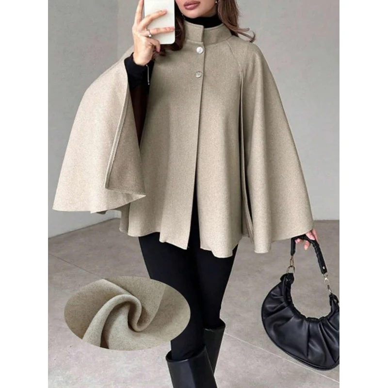 Damen Cape-Mantel mit Stehkragen, fließender A-Linie und verdeckter Knopfleiste Nord Taschen
