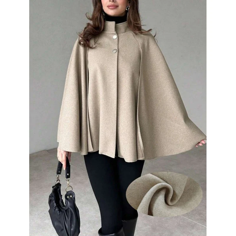 Damen Cape-Mantel mit Stehkragen, fließender A-Linie und verdeckter Knopfleiste Nord Taschen