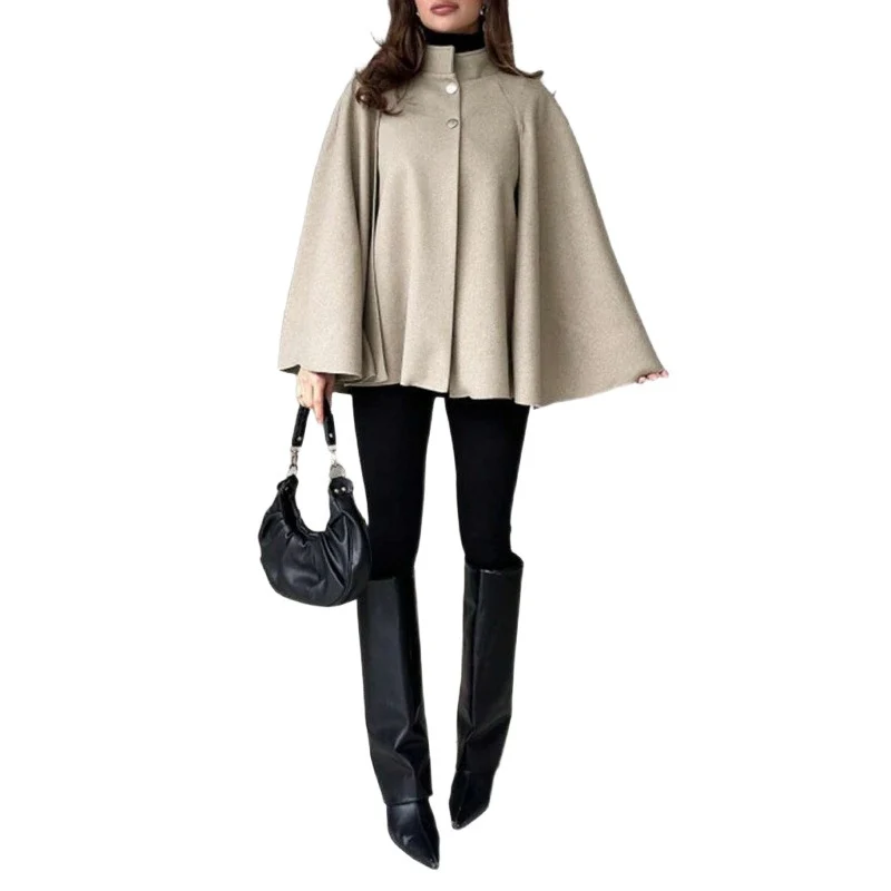 Damen Cape-Mantel mit Stehkragen, fließender A-Linie und verdeckter Knopfleiste Nord Taschen