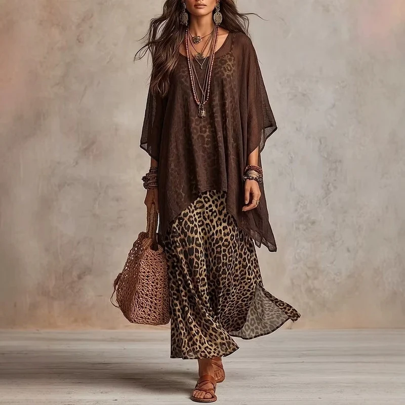 Damen Boho-Maxikleid mit transparentem Poncho-Overlay und Leopardenmuster Nord Taschen