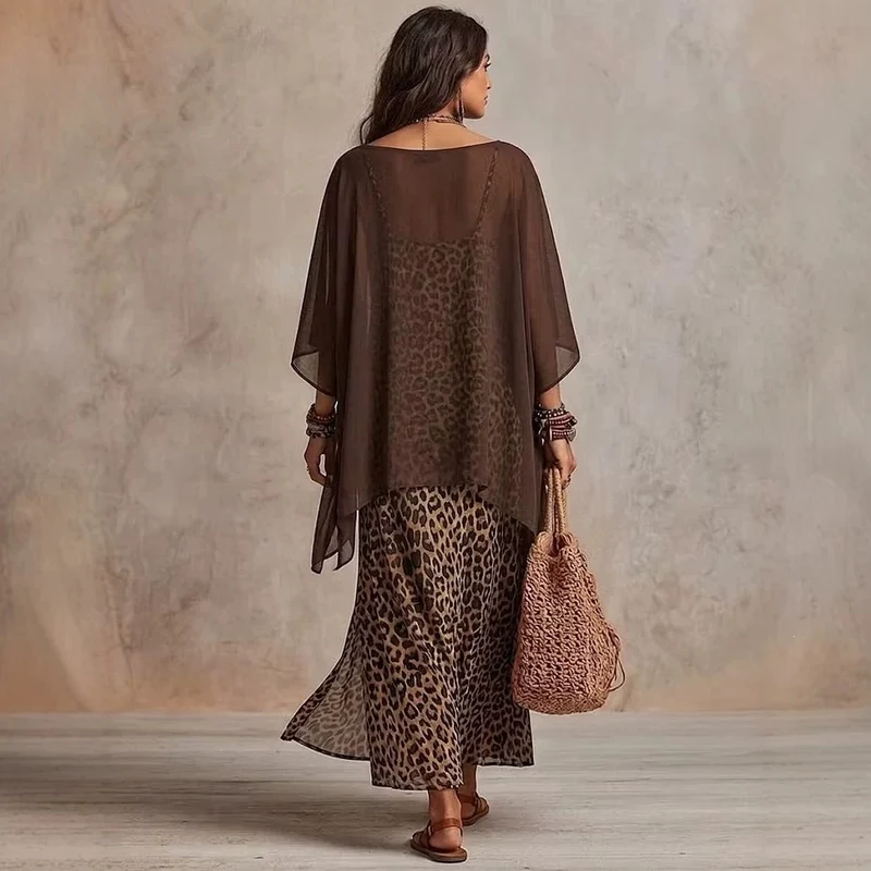 Damen Boho-Maxikleid mit transparentem Poncho-Overlay und Leopardenmuster Nord Taschen