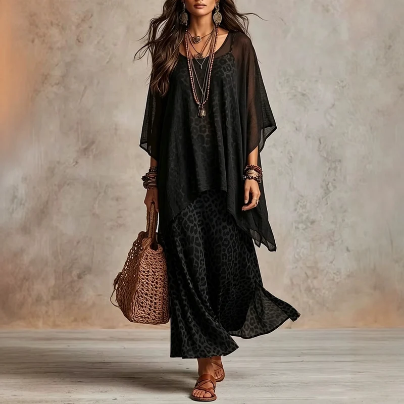 Damen Boho-Maxikleid mit transparentem Poncho-Overlay und Leopardenmuster Nord Taschen