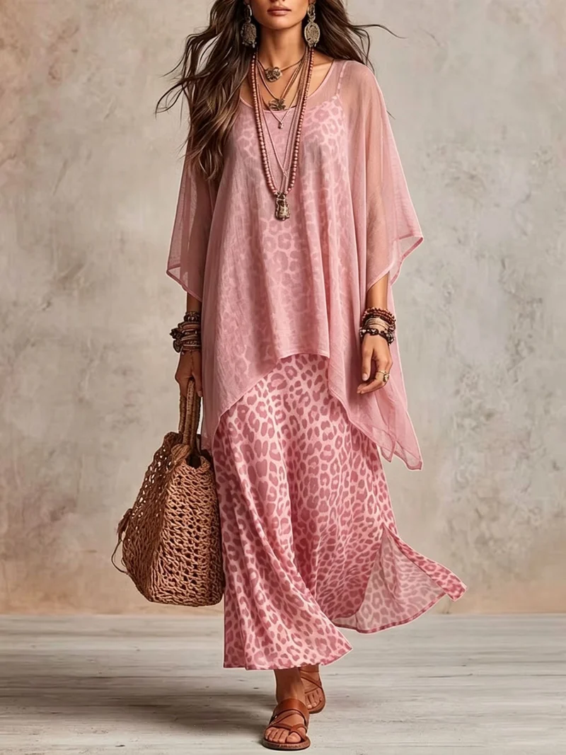 Damen Boho-Maxikleid mit transparentem Poncho-Overlay und Leopardenmuster Nord Taschen