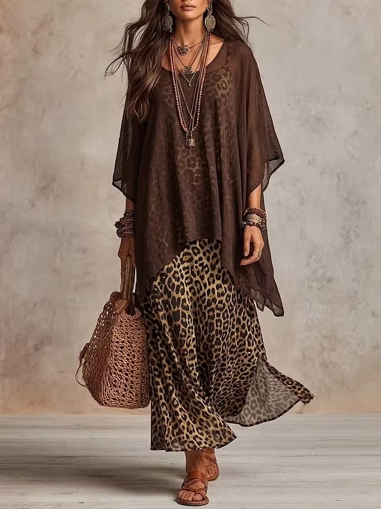 Damen Boho-Maxikleid mit transparentem Poncho-Overlay und Leopardenmuster Nord Taschen