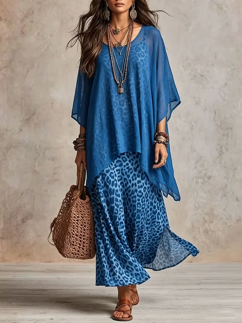 Damen Boho-Maxikleid mit transparentem Poncho-Overlay und Leopardenmuster Nord Taschen