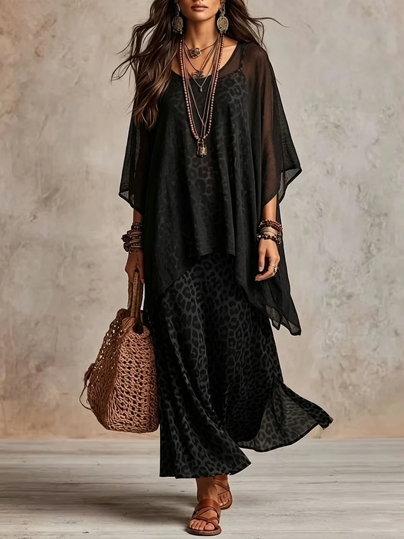 Damen Boho-Maxikleid mit transparentem Poncho-Overlay und Leopardenmuster Nord Taschen