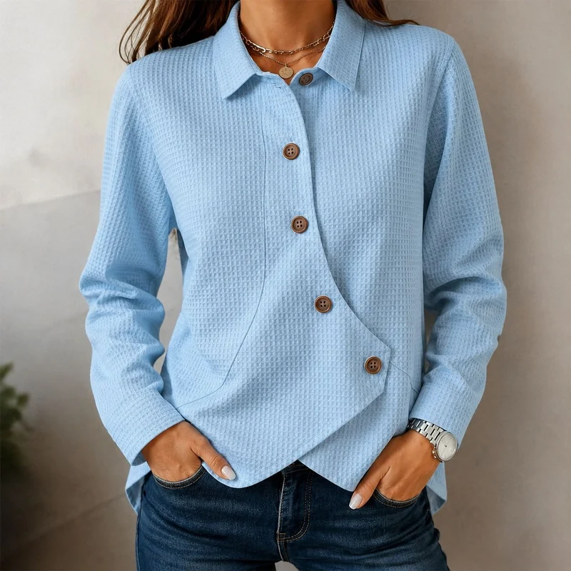 Damen Asymmetrische Waffelstruktur-Hemdbluse mit Knopfdetail Nord Taschen