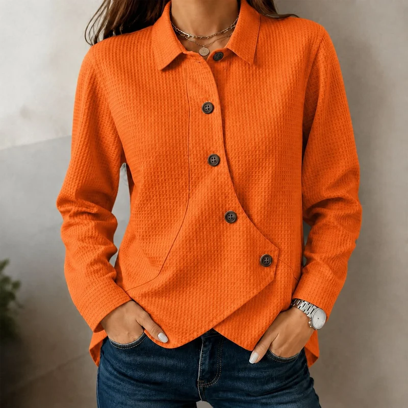 Damen Asymmetrische Waffelstruktur-Hemdbluse mit Knopfdetail Nord Taschen