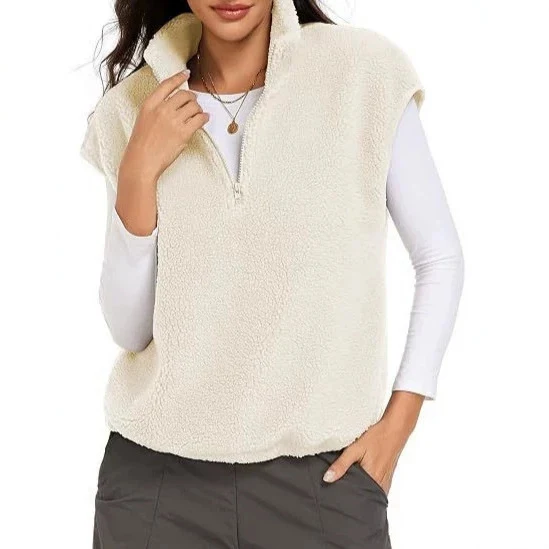 Damen Ärmellose Teddy-Fleece-Weste mit halbem Reißverschluss und Stehkragen Nord Taschen