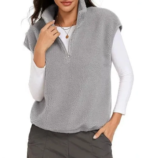 Damen Ärmellose Teddy-Fleece-Weste mit halbem Reißverschluss und Stehkragen Nord Taschen
