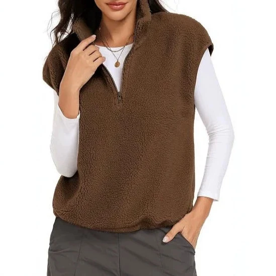 Damen Ärmellose Teddy-Fleece-Weste mit halbem Reißverschluss und Stehkragen Nord Taschen