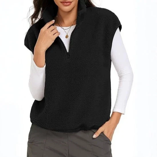 Damen Ärmellose Teddy-Fleece-Weste mit halbem Reißverschluss und Stehkragen Nord Taschen