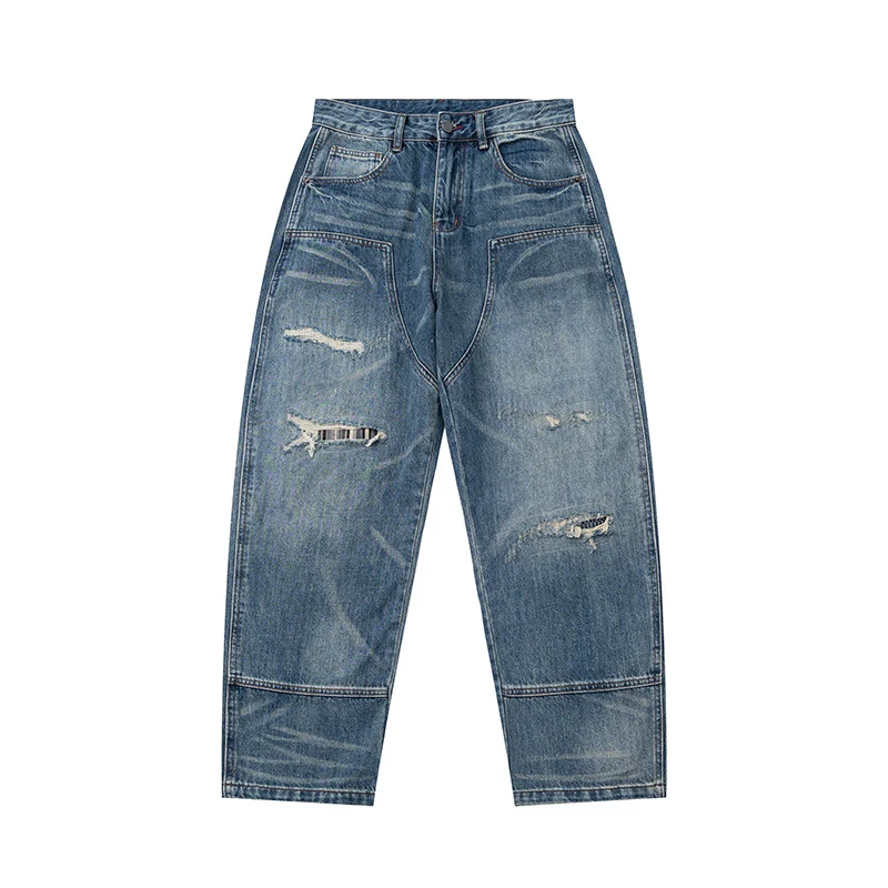 Damen Hochtaillierte Denimhose im weiten, verkürzten Schnitt mit Used‑Effekt und aufgesetzten Fronttaschen Nord Taschen