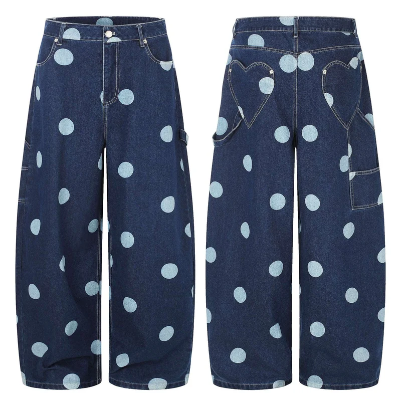 Damen Hochtaillierte Culotte-Jeans mit weitem Bein und Punktmuster Nord Taschen