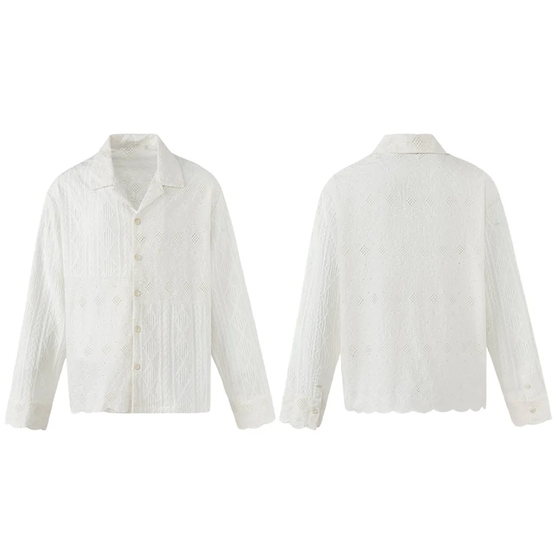 Damen Broderie-Anglaise Overshirt mit Knopfleiste und floraler Lochstickerei Nord Taschen