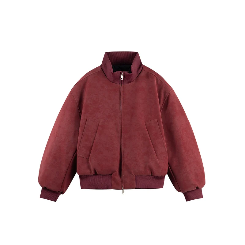 Damen Boxy-Bomberjacke im Vintage-Suede-Look mit hohem Rippkragen und Kängurutaschen Nord Taschen
