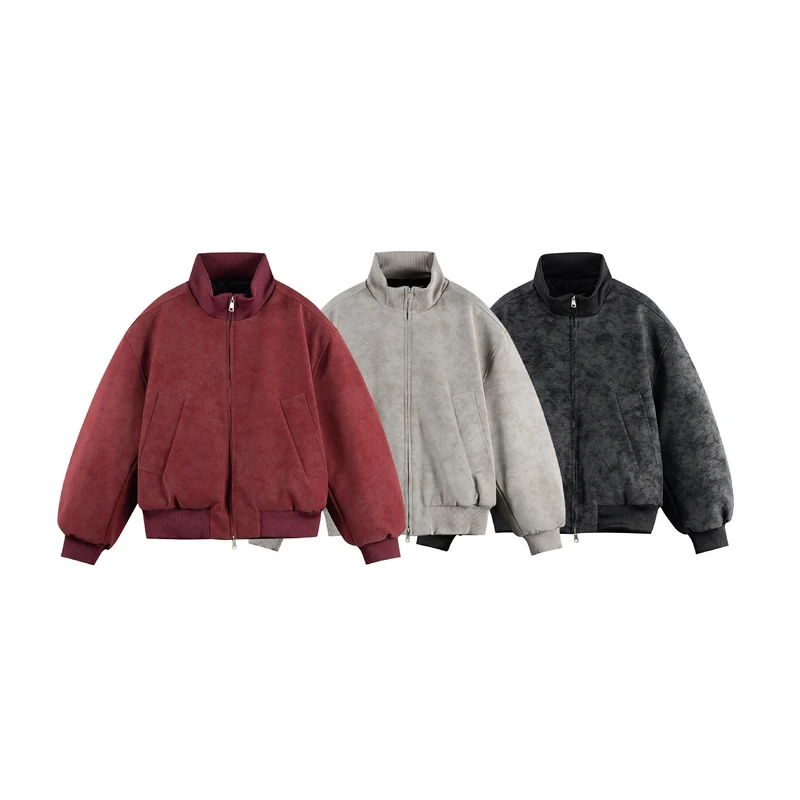Damen Boxy-Bomberjacke im Vintage-Suede-Look mit hohem Rippkragen und Kängurutaschen Nord Taschen