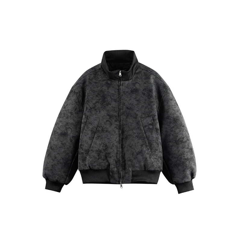Damen Boxy-Bomberjacke im Vintage-Suede-Look mit hohem Rippkragen und Kängurutaschen Nord Taschen