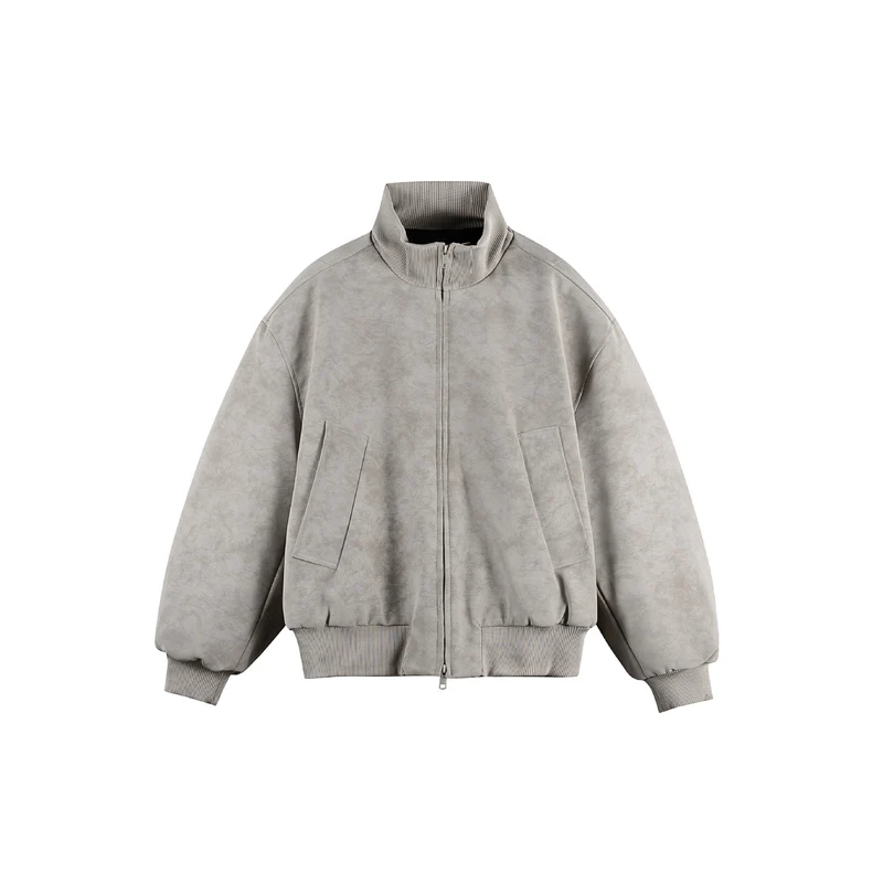 Damen Boxy-Bomberjacke im Vintage-Suede-Look mit hohem Rippkragen und Kängurutaschen Nord Taschen