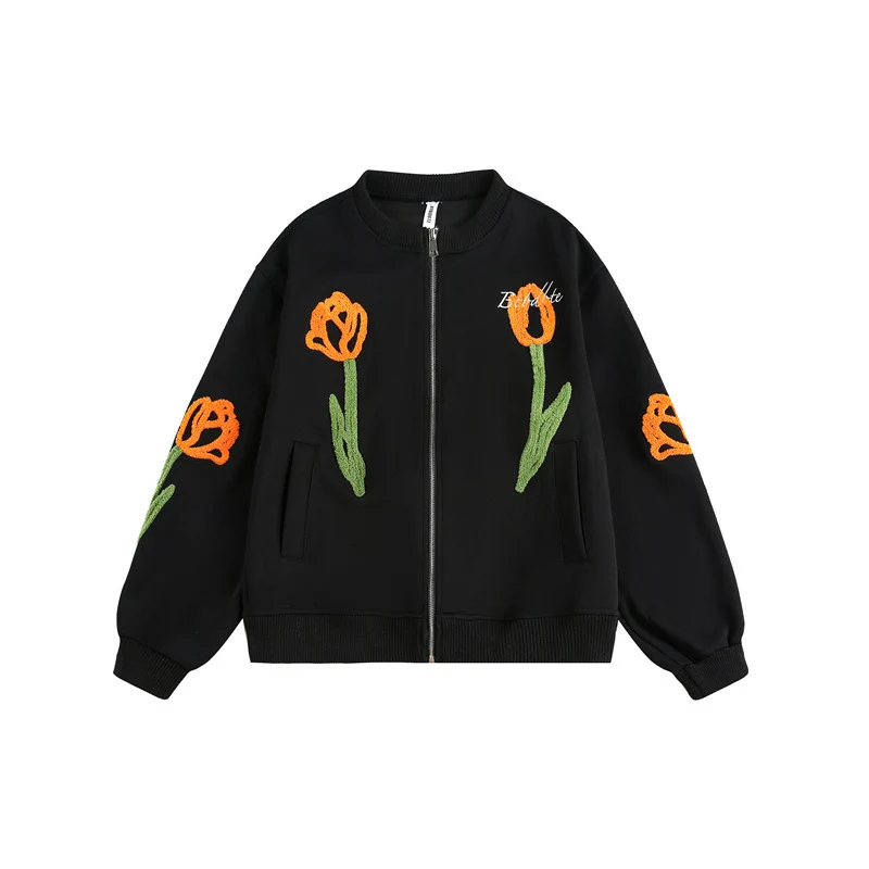 Damen Bestickte Bomberjacke mit Tulpen‑Stickereien und Rippbündchen Nord Taschen