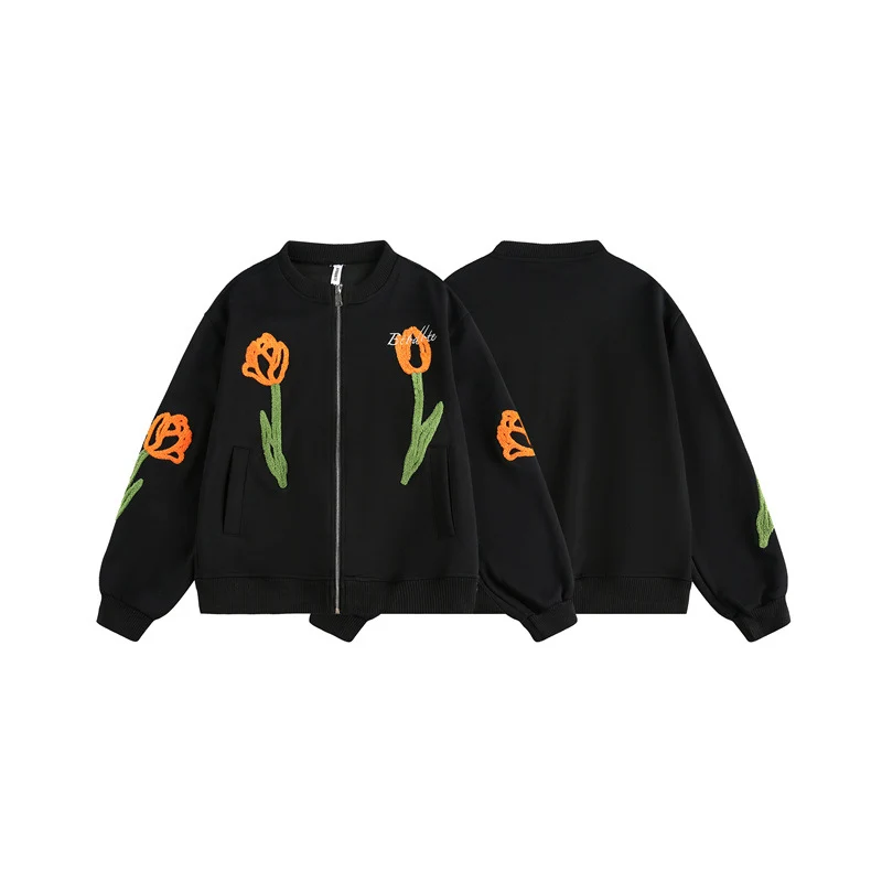 Damen Bestickte Bomberjacke mit Tulpen‑Stickereien und Rippbündchen Nord Taschen