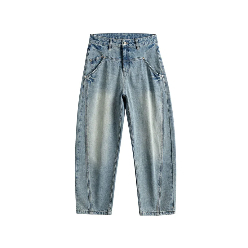 Damen Hochtaillierte Carpenter-Jeans mit dekorativen Nähten und aufgesetzten Taschen Nord Taschen