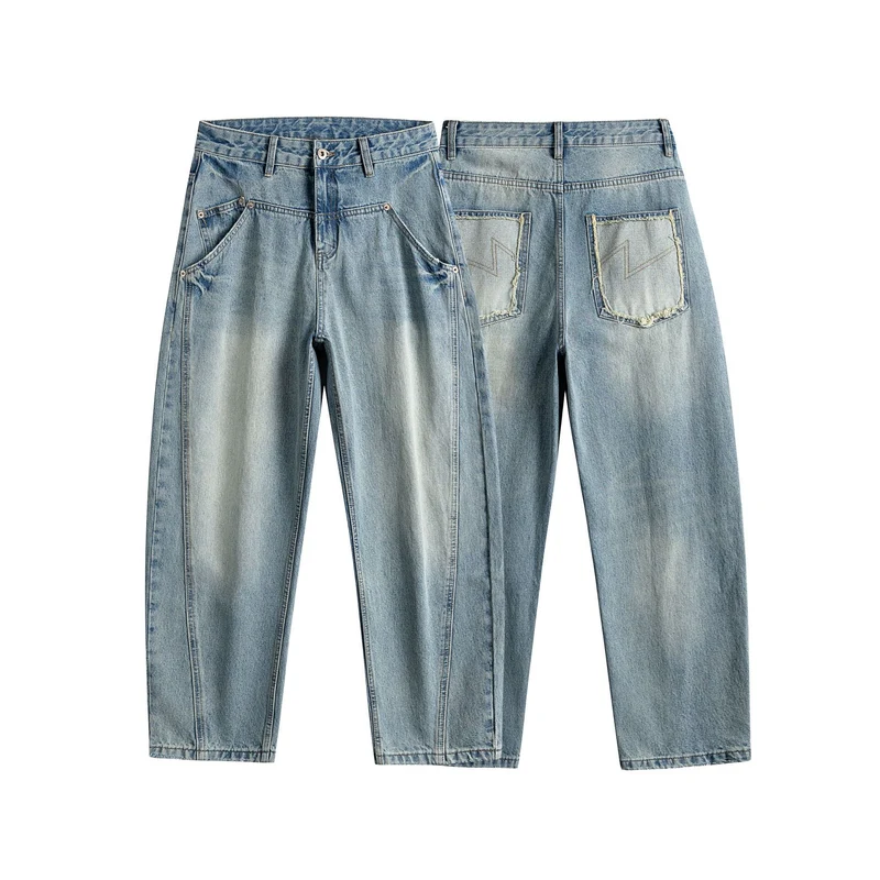 Damen Hochtaillierte Carpenter-Jeans mit dekorativen Nähten und aufgesetzten Taschen Nord Taschen