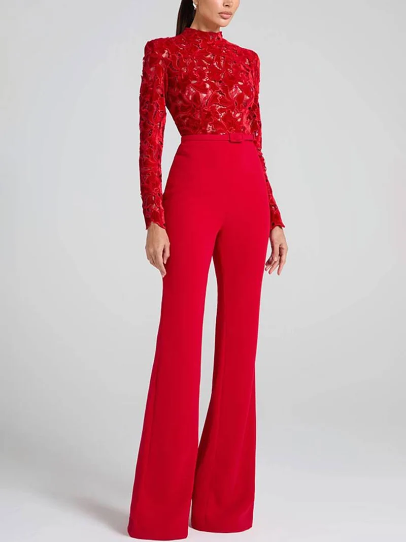 Ausgestellte Jumpsuits Englische Stickerei Runder Ausschnitt Lange Ärmel Gürtel Frauen Elegant Lässig Slim Fitness