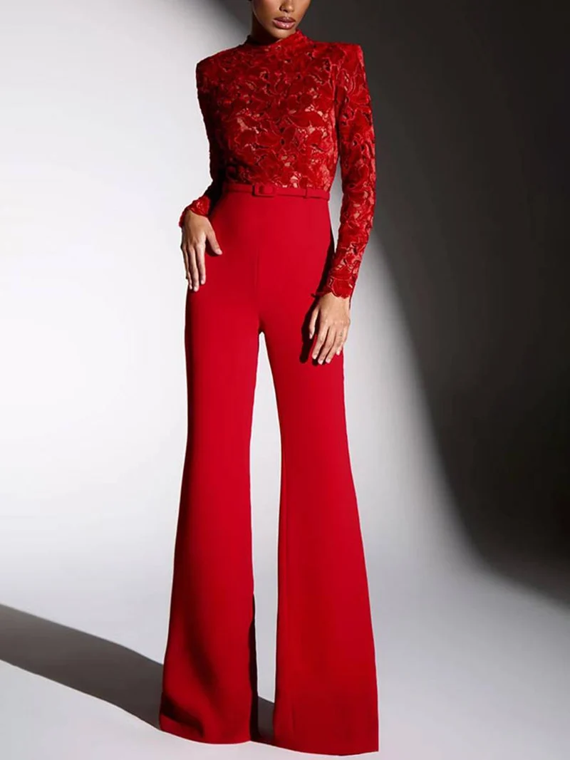 Ausgestellte Jumpsuits Englische Stickerei Runder Ausschnitt Lange Ärmel Gürtel Frauen Elegant Lässig Slim Fitness