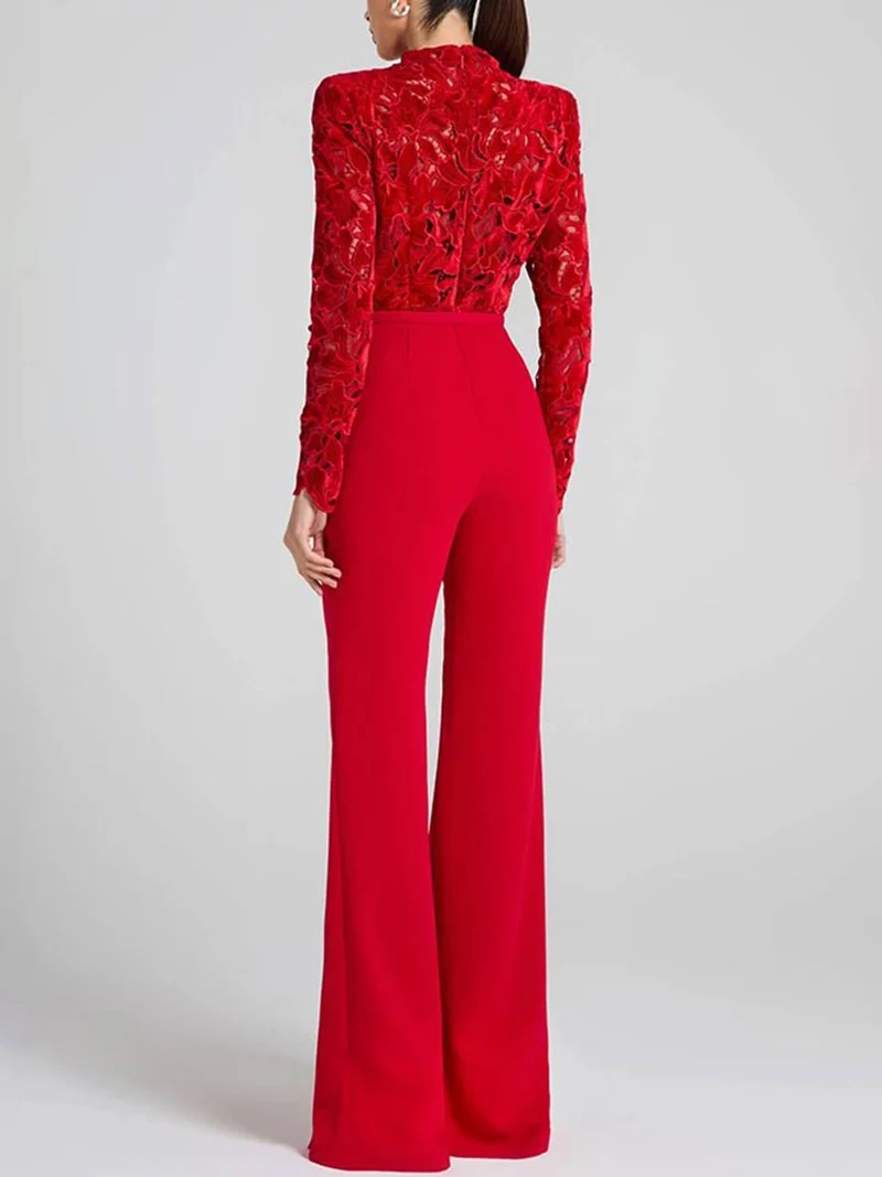 Ausgestellte Jumpsuits Englische Stickerei Runder Ausschnitt Lange Ärmel Gürtel Frauen Elegant Lässig Slim Fitness