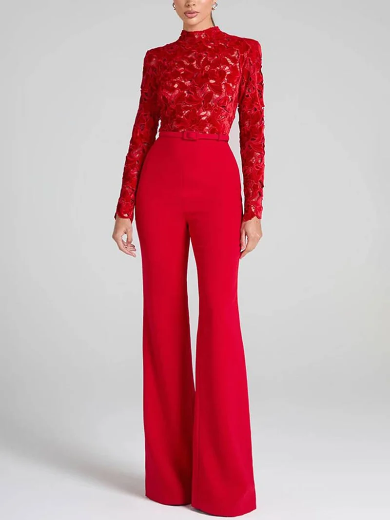 Ausgestellte Jumpsuits Englische Stickerei Runder Ausschnitt Lange Ärmel Gürtel Frauen Elegant Lässig Slim Fitness