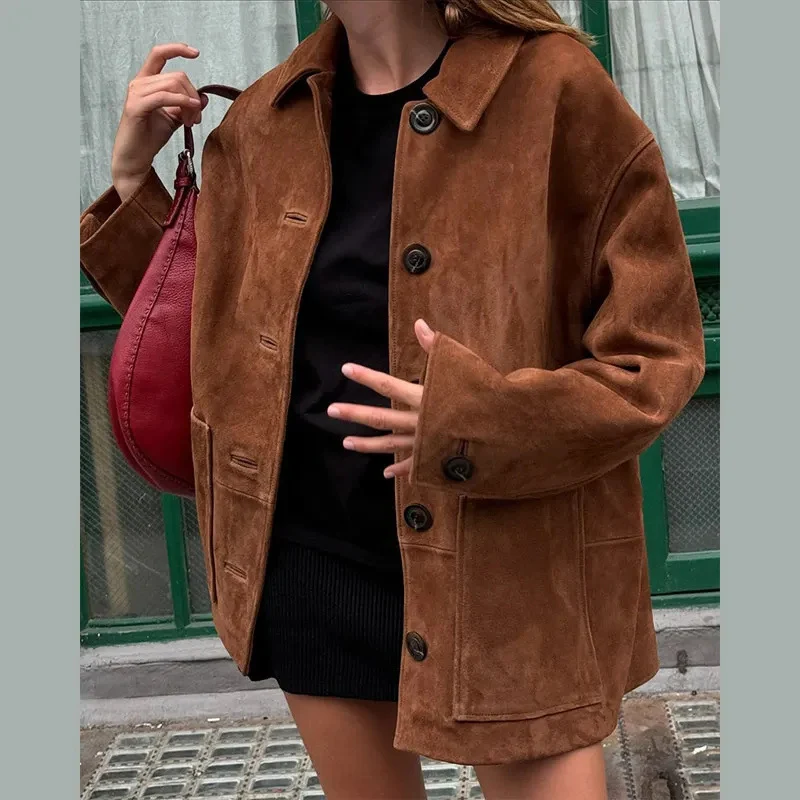 Damen 100+ oversized Wildlederoptik-Blousonjacke mit Pattentaschen und Knopfleiste Nord Taschen