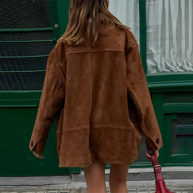 Damen 100+ oversized Wildlederoptik-Blousonjacke mit Pattentaschen und Knopfleiste Nord Taschen