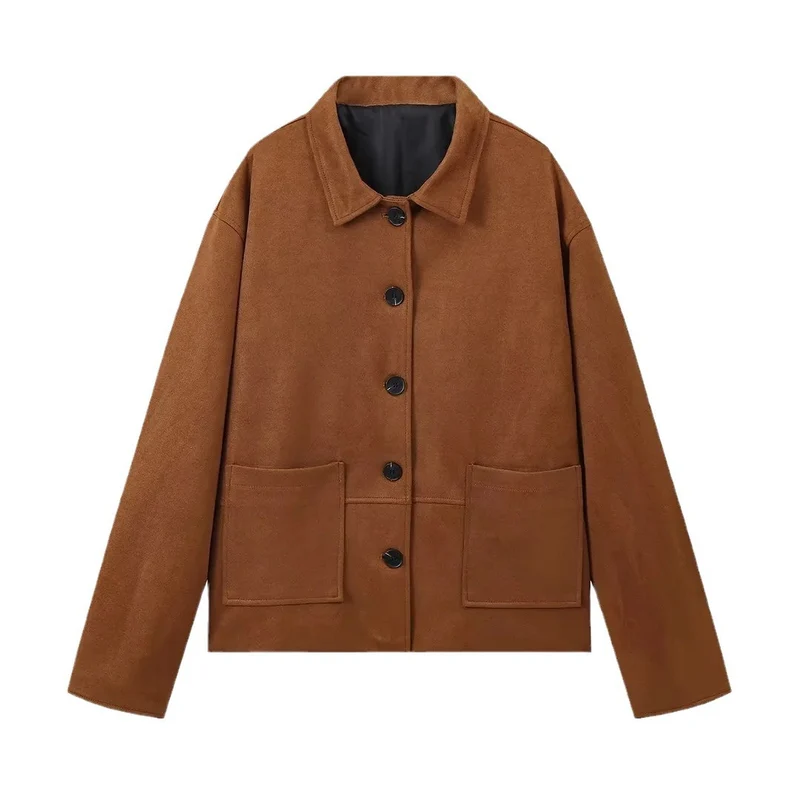 Damen 100+ oversized Wildlederoptik-Blousonjacke mit Pattentaschen und Knopfleiste Nord Taschen