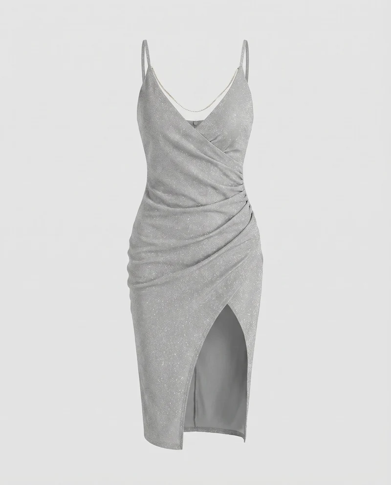 Damen Mini-Abendkleid Wickeloptik Beinschlitz Raffung