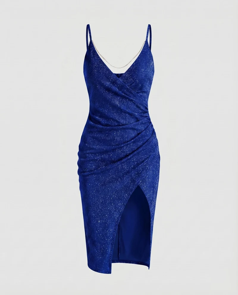 Damen Mini-Abendkleid Wickeloptik Beinschlitz Raffung