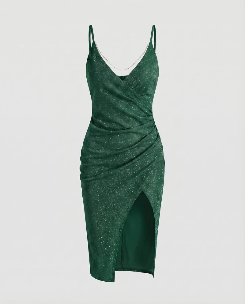 Damen Mini-Abendkleid Wickeloptik Beinschlitz Raffung