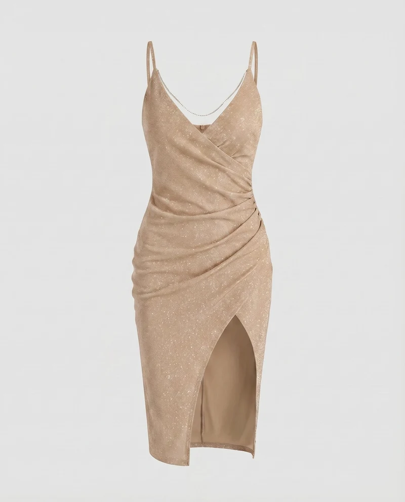 Damen Mini-Abendkleid Wickeloptik Beinschlitz Raffung