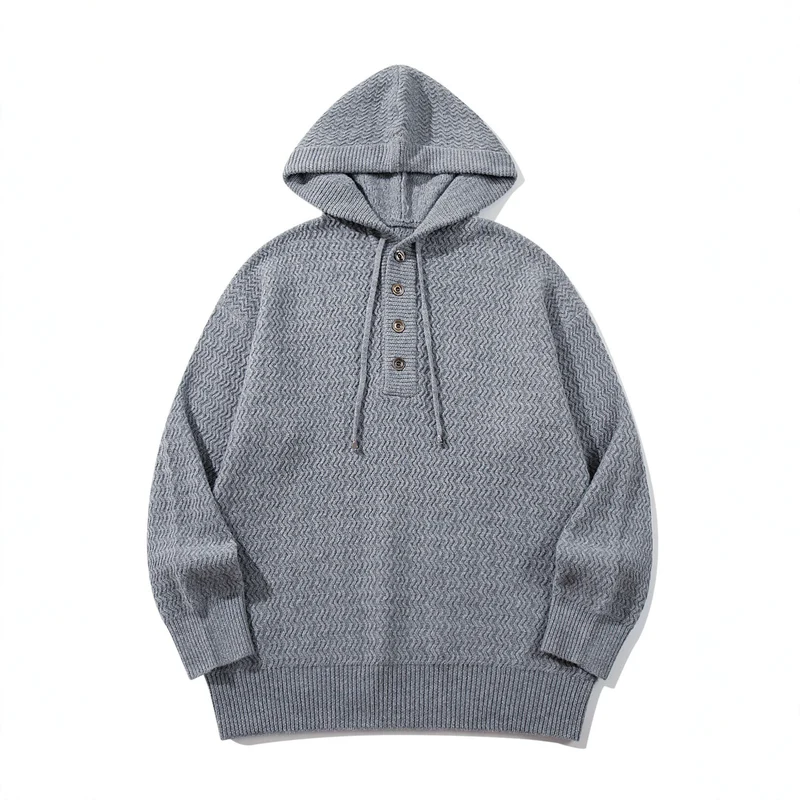 Unisex Strukturierter Kapuzen‑Strickpullover mit Henley‑Knopfleiste Nord Taschen