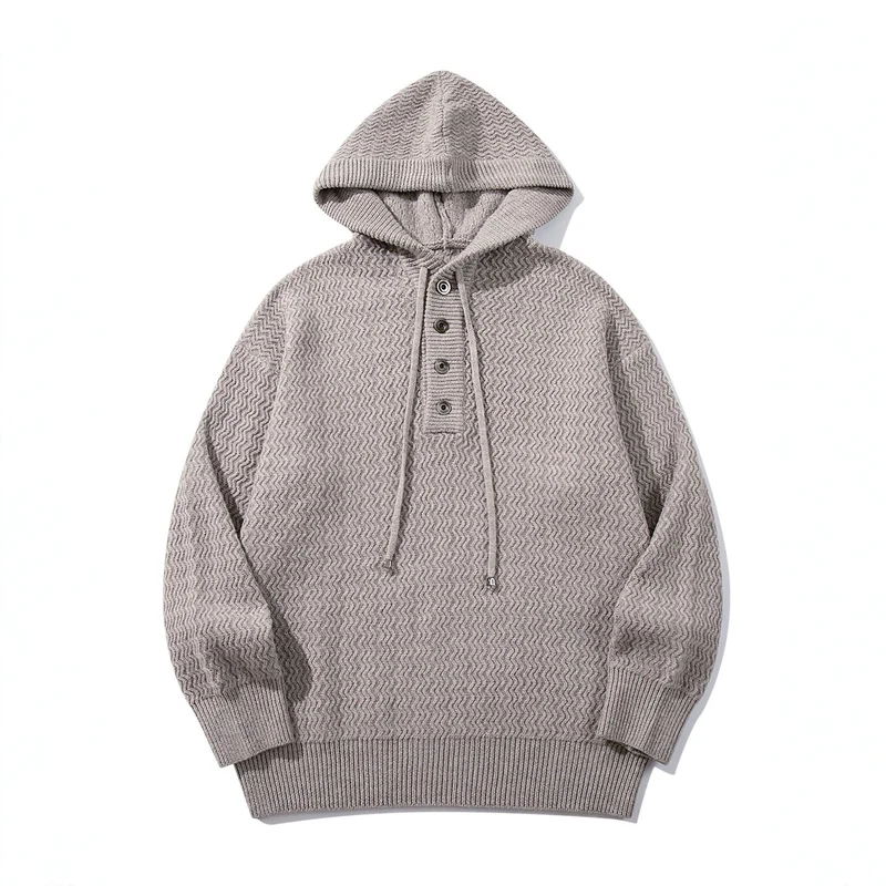 Unisex Strukturierter Kapuzen‑Strickpullover mit Henley‑Knopfleiste Nord Taschen