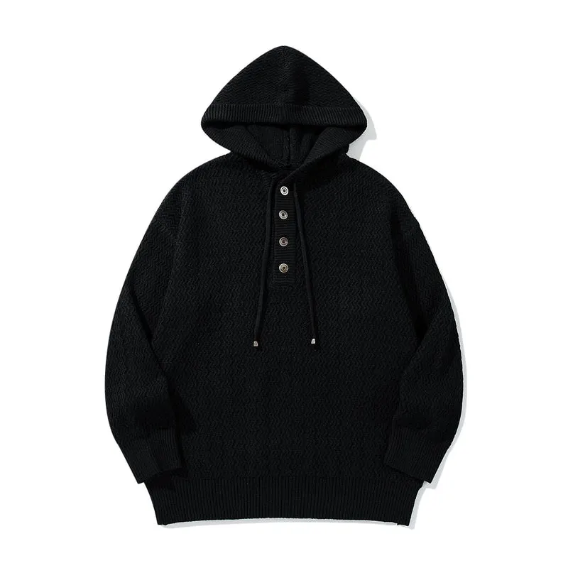 Unisex Strukturierter Kapuzen‑Strickpullover mit Henley‑Knopfleiste Nord Taschen