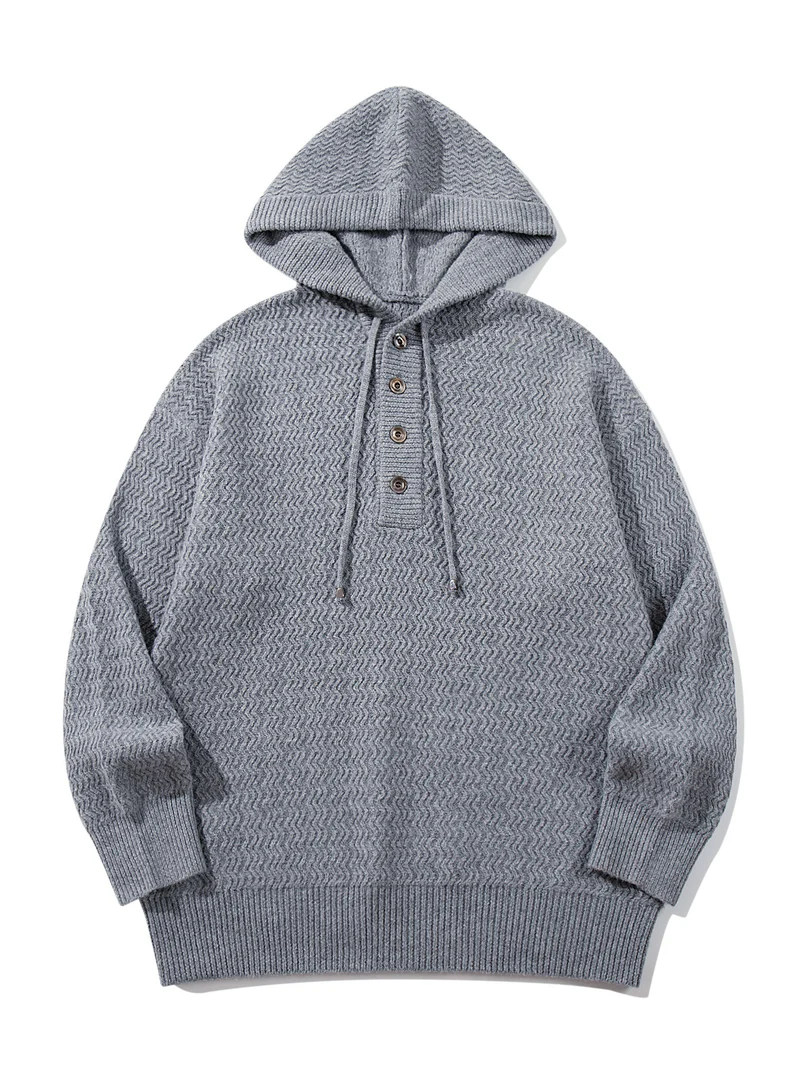 Unisex Strukturierter Kapuzen‑Strickpullover mit Henley‑Knopfleiste Nord Taschen