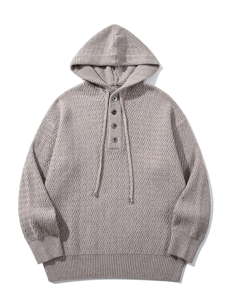 Unisex Strukturierter Kapuzen‑Strickpullover mit Henley‑Knopfleiste Nord Taschen