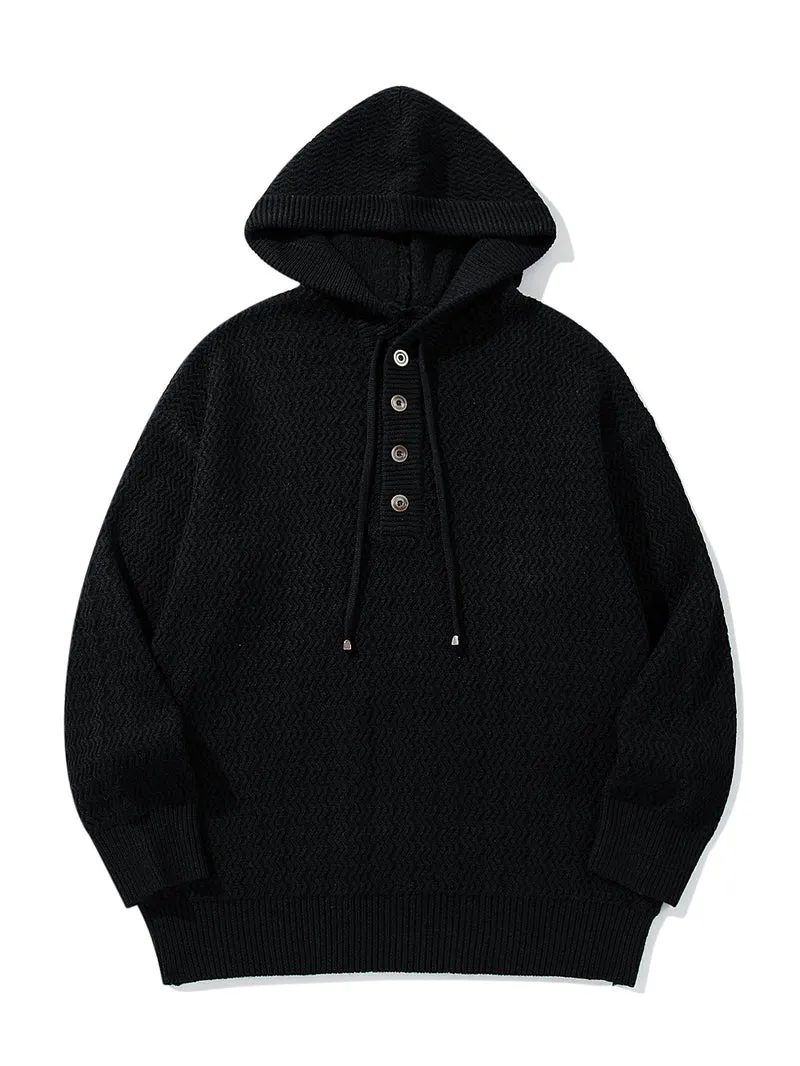 Unisex Strukturierter Kapuzen‑Strickpullover mit Henley‑Knopfleiste Nord Taschen