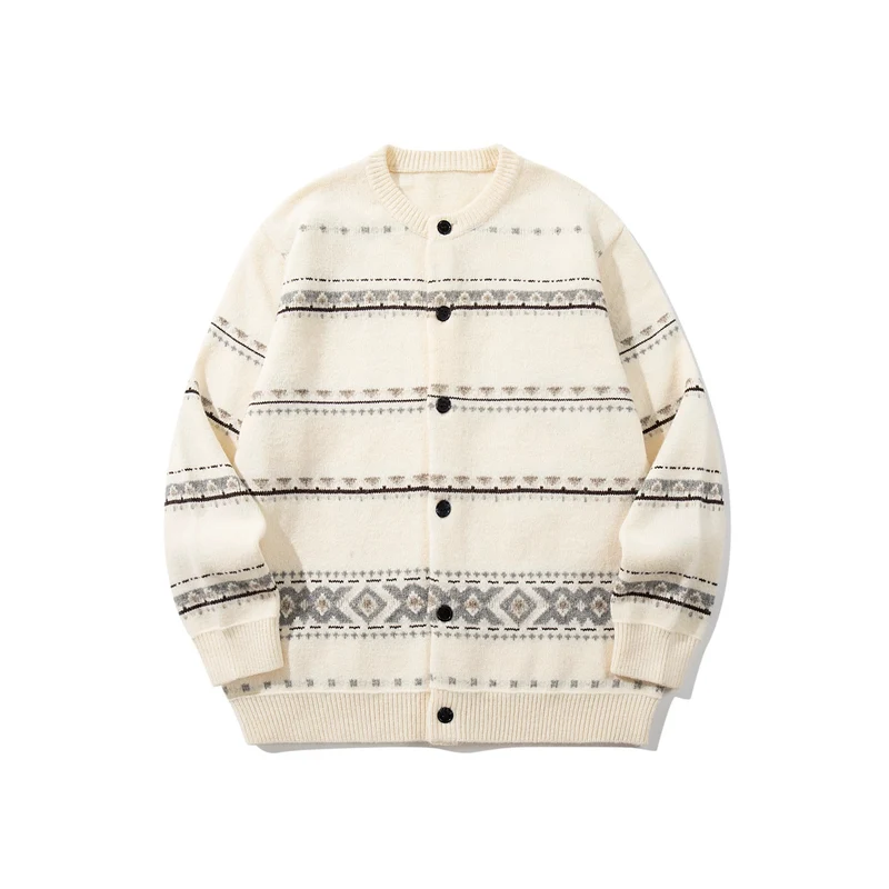 Unisex Strukturierte Jacquard-Strickjacke mit Rundhalsausschnitt, Oversize-Passform und Knopfleiste Nord Taschen