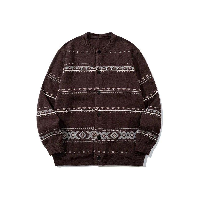 Unisex Strukturierte Jacquard-Strickjacke mit Rundhalsausschnitt, Oversize-Passform und Knopfleiste Nord Taschen